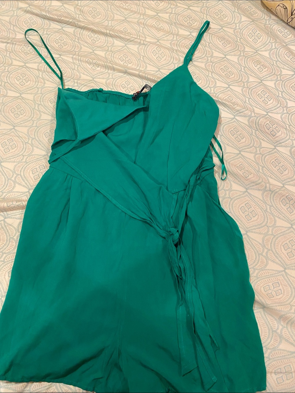 Emerald Green Wrap-Front Spaghetti Strap Romper